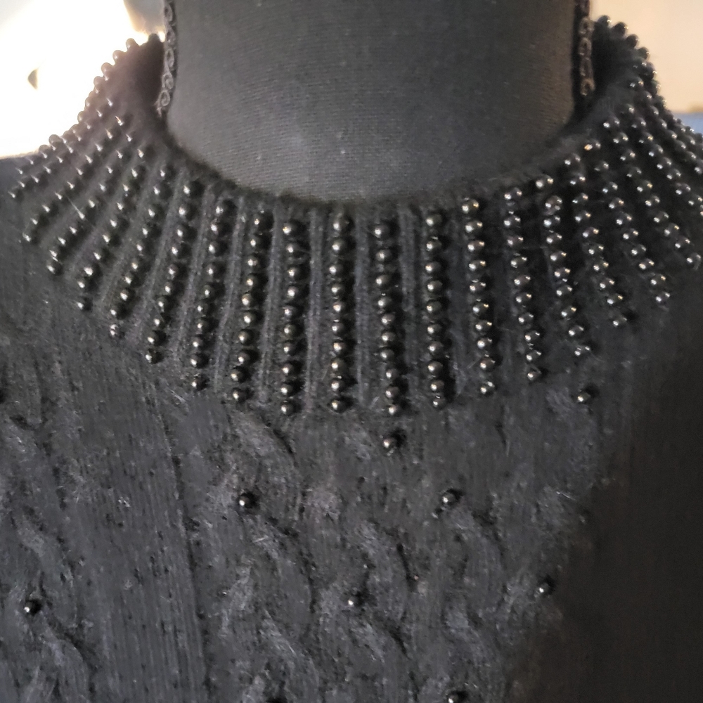 Women's Vintage Angora Beaded Sweater Padded Shoulders Black